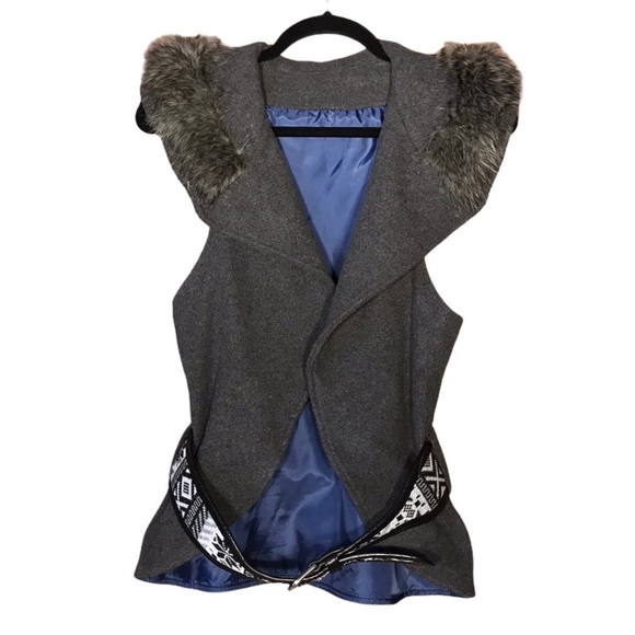 Faux Fur Collar Belted Sleeveless Gilet Vest Boho - Picture 1 of 13